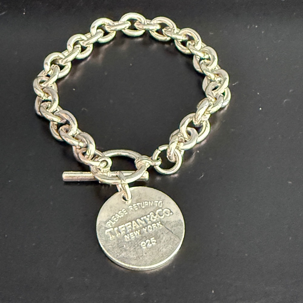 Vtg Tiffany Co Return Tiffany Tag Charm Bracelet Heavy Link Silver Round Toggle